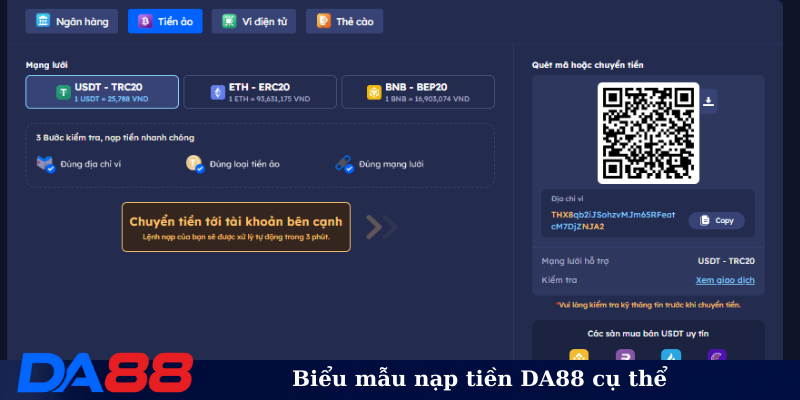 Biểu mẫu nạp tiền DA88 cụ thể