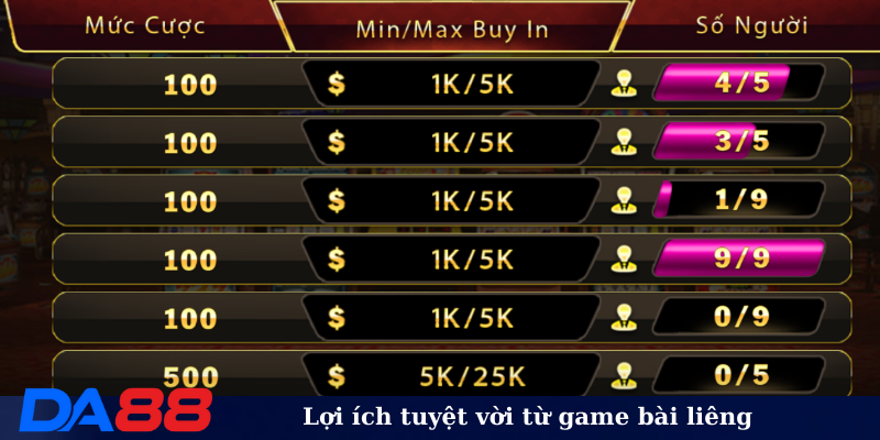 Lợi ích tuyệt vời từ game bài liêng