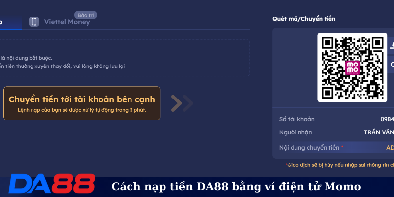 Cách nạp tiền DA88 bằng ví điện tử Momo